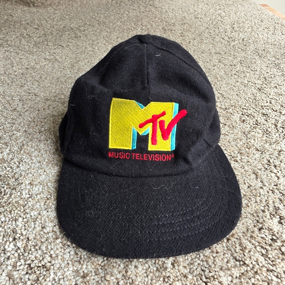 VINTAGE MTV Music Television Hat Mens OSFA Wool Blend Snapback Black 90s Retro